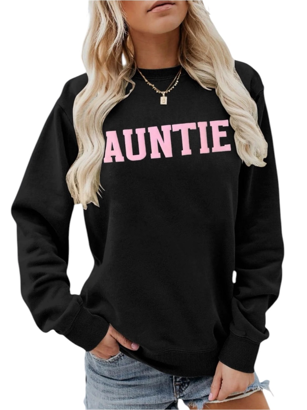 “AUNTIE” Crewneck Sweatshirt with Pink Lettering NWOT